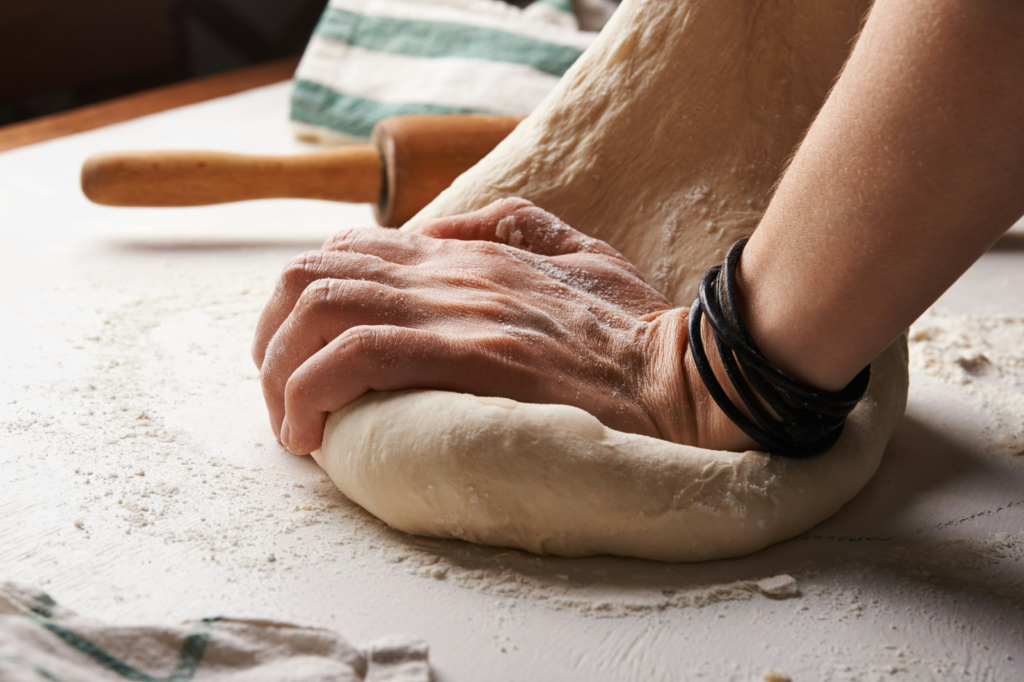 making pizza dough for Valentine's Day