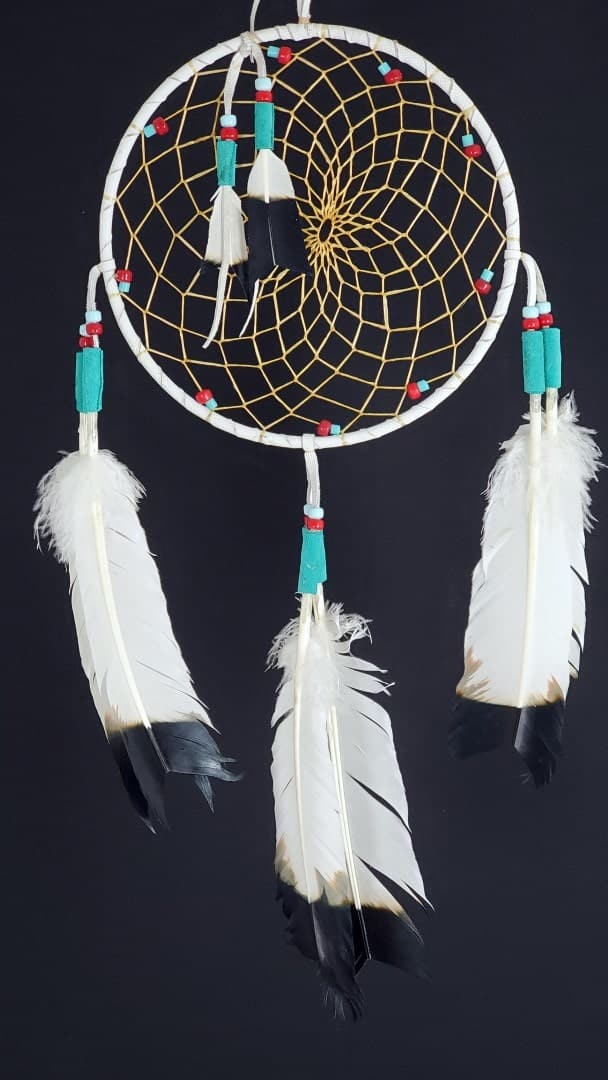 White Lakota Dreamcatcher with Dyed feathers